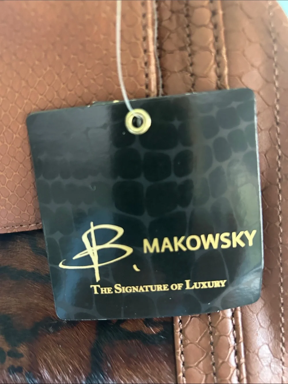 b. makowsky Tan/Brown Leather Satchel with Animal-Print Panel